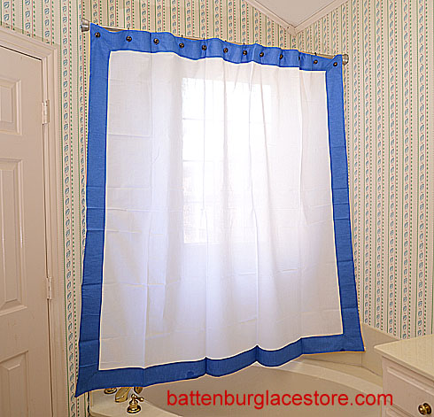 Shower Curtain. White with Marina blue border - Click Image to Close